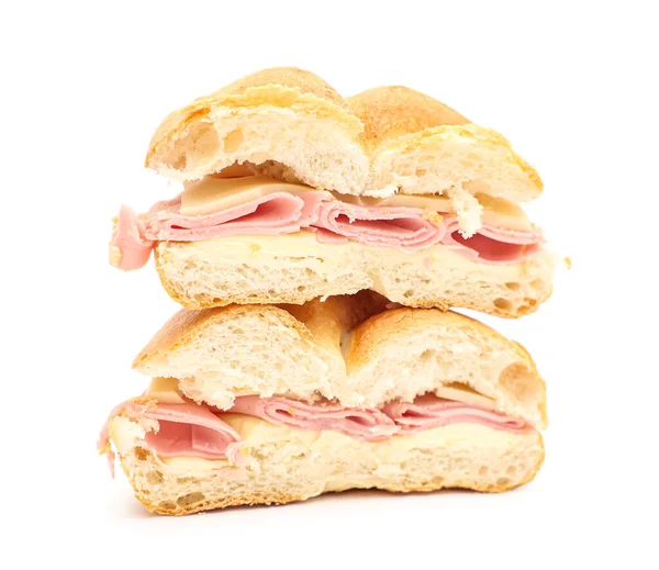 Halves Delicious Kaiser Roll Ham Cheese White Background — Stock Photo, Image