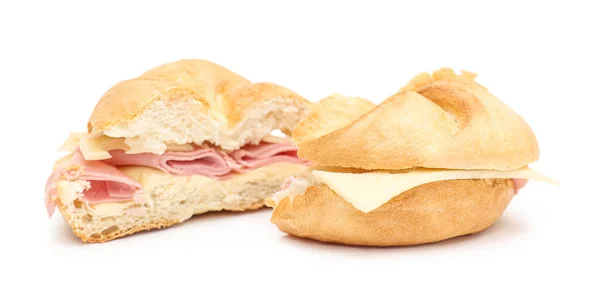 Halves Delicious Kaiser Roll Ham Cheese White Background — Stock Photo, Image