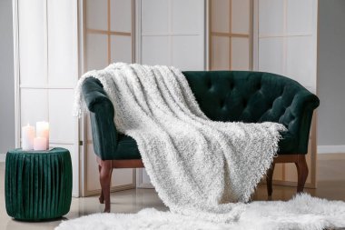 Şık oturma odasının içinde kanepe, puf ve katlanır perde var.