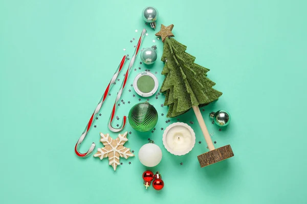 Christmas Tree Made Decor Eyeshadows Cookie Green Background — Stock Photo, Image
