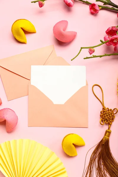 Envelopes Blank Card Fortune Cookies Chinese Symbols Sakura Pink Background — Stock Photo, Image