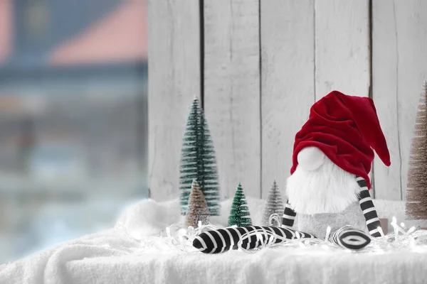 Christmas Gnome Toy White Fabric Light Wooden Background — Stock Photo, Image