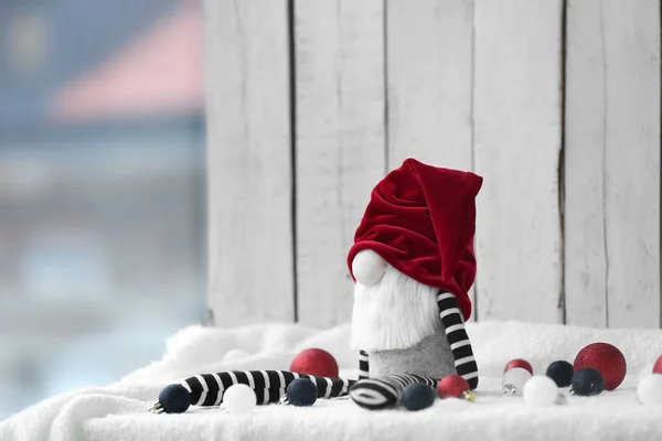 Christmas Gnome Toy Balls White Fabric Light Wooden Background — Stock Photo, Image