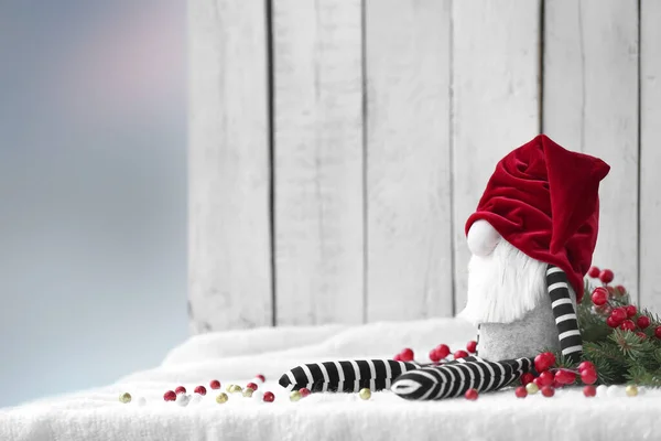 Funny Christmas Gnome Toy Decor White Fabric Light Wooden Background — Stock Photo, Image