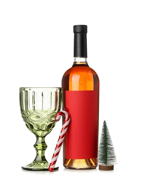 Bottle Wine Glass Christmas Toys White Background — Stock Photo, Image