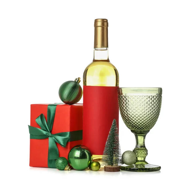 Bottle Wine Glass Christmas Balls Gift White Background — Stock Photo, Image