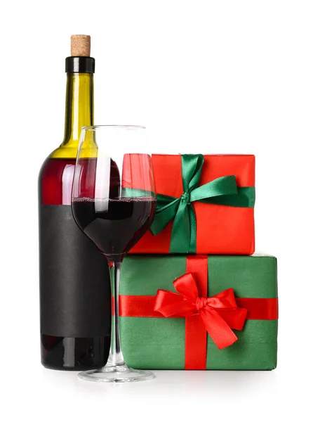 Bottle Wine Glass Christmas Gifts White Background — Stock Photo, Image