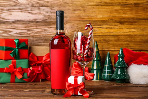 Bottle Wine Glass Christmas Toys Gift Wooden Table Closeup — Stock Photo, Image