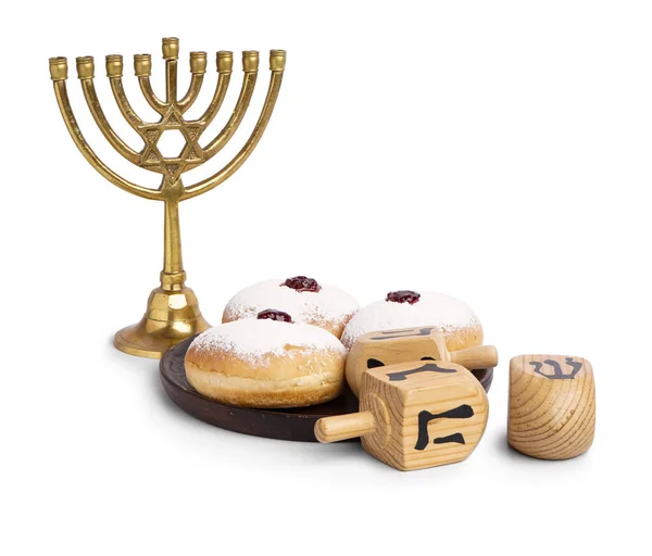 Menorah Dreidels Donuts Hannukah Celebration White Background — Stock Photo, Image