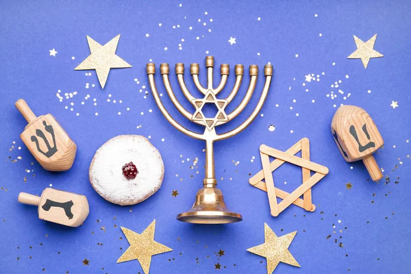Menorah Doughnut Dreidels Stars Hannukah Celebration Blue Background — Stock Photo, Image
