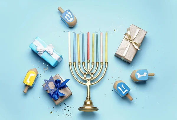 Menorah Dreidels Gifts Hannukah Celebration Blue Background — Stock Photo, Image