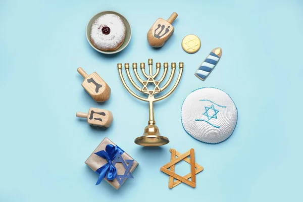 Menorah Treats Dreidels Jewish Hat Gift Hannukah Celebration Blue Background — Stock Photo, Image