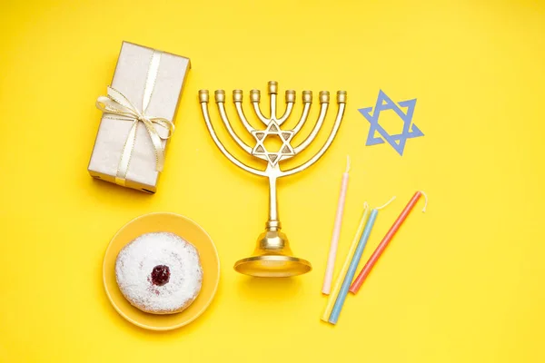 Menorah Doughnut Candles David Star Gift Hannukah Celebration Yellow Background — Stock Photo, Image