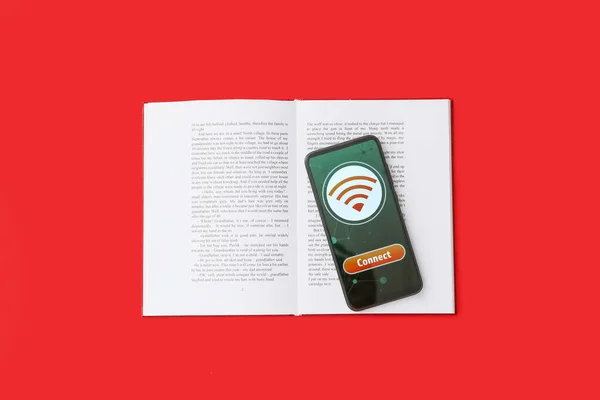 Opened Book Mobile Phone Wifi Symbol Color Background — Stock Photo, Image