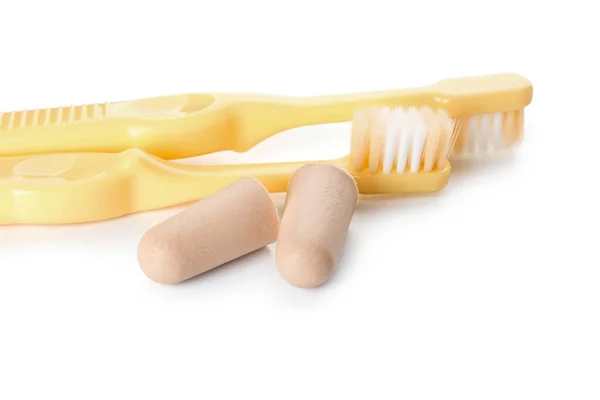 Tandenborstels Oordopjes Witte Achtergrond — Stockfoto