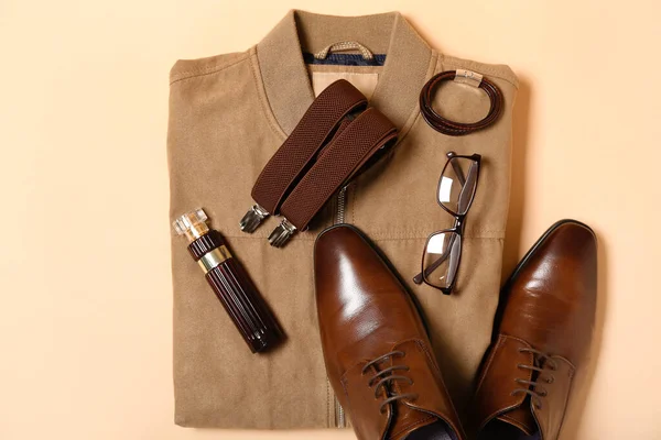 Male Jacket Shoes Stylish Accessories Beige Background — Stock Photo, Image