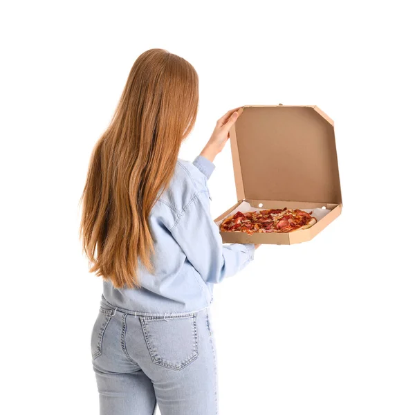 Beautiful Young Woman Holding Box Fresh Pizza White Background — Stock Photo, Image
