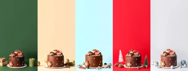 Collage of tasty Christmas chocolate cake on color background