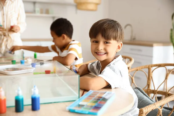 Little Boy Sitting Table Workshop Ebru Painting — Stock Photo, Image