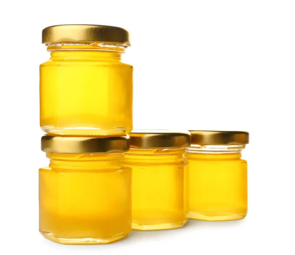 Jars Fresh Honey White Background — Stock Photo, Image