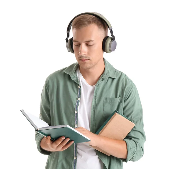 Young Man Headphones Books White Background Online Education — Stock Photo, Image