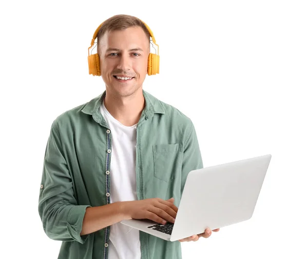 Young Man Headphones Laptop Studying Online White Background — Stock Photo, Image