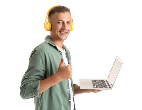 Young Man Headphones Laptop Showing Thumb White Background Online Education — Stock Photo, Image