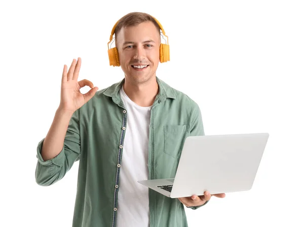 Young Man Headphones Laptop Showing White Background Online Education — Stock Photo, Image