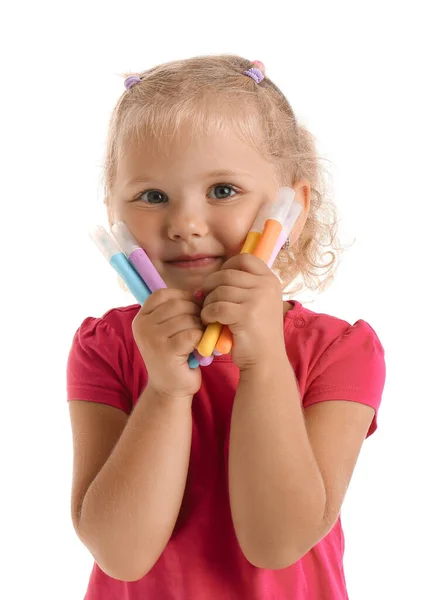Cute Little Girl Felt Tip Pens White Background — Stock Photo, Image