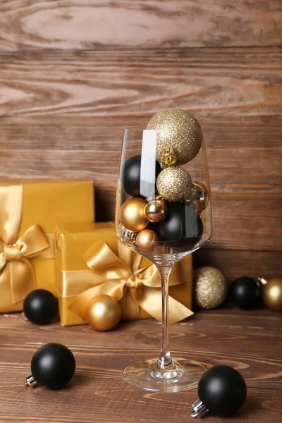 Glass Christmas Balls Wooden Table Closeup — Stock Photo, Image