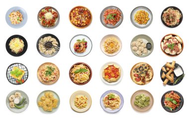 Beyaz zemin üzerinde lezzetli yemekler olan tabak kolajı