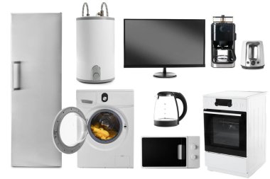 Beyaz arka planda modern ev aletleri kolajı