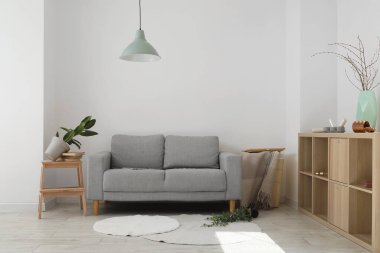 Gri kanepesi ve düşmüş çiçekleri olan dağınık oturma odasının içinde.