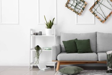 Gri kanepesi, raf ünitesi ve çiçekleri olan dağınık oturma odasının içinde.