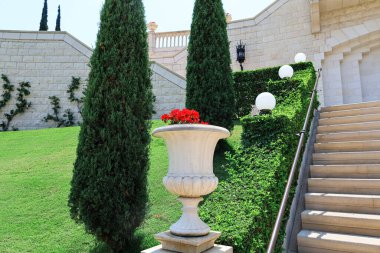 Güneşli bir günde parktaki çiçeklerle çiçeklenmiş.