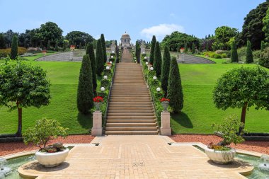 Güneşli bir günde fıskiyeli ve yeşil bitkilerle güzel bir park manzarası