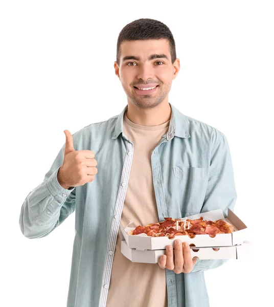 Handsome Young Man Holding Box Fresh Pizza Showing Thumb White — Stock Photo, Image