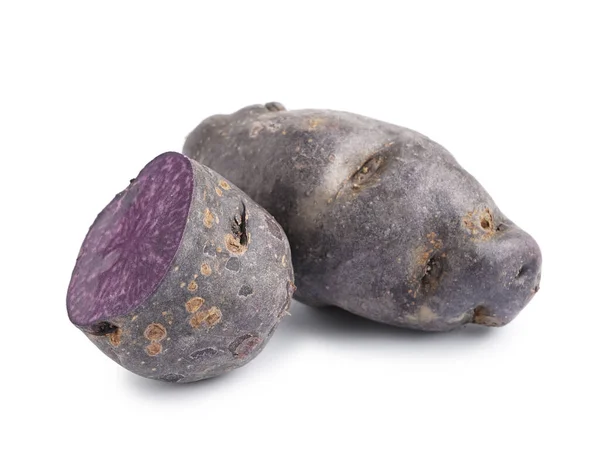 Cut Whole Raw Purple Potatoes White Background — Stock Photo, Image