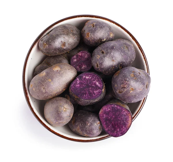 Bowl Raw Purple Potatoes White Background — Stock Photo, Image