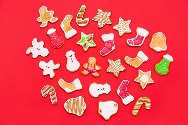 Set Different Christmas Cookies Red Background — Stock Photo, Image