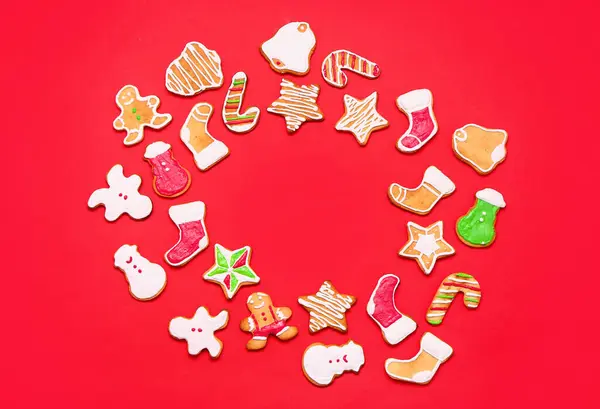 Frame Made Different Christmas Cookies Red Background — Stock Photo, Image