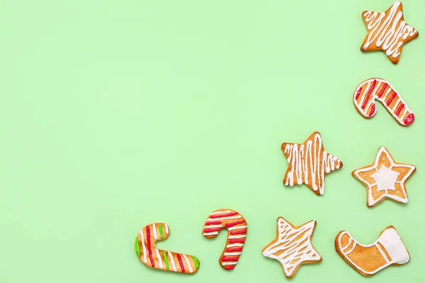 Composition Different Christmas Cookies Green Background — Stock Photo, Image