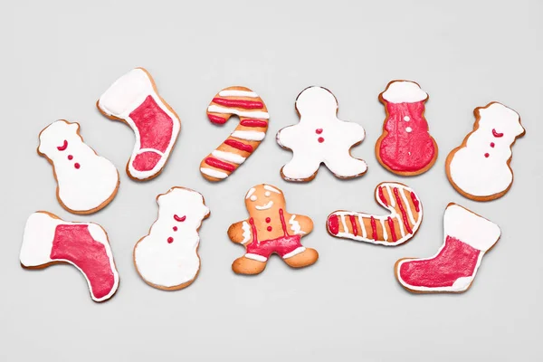 Different Christmas Cookies Grey Background — Stock Photo, Image