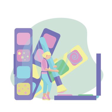 Büyük fırçalı küçük makyaj sanatçısı ve beyaz arka planda farklı göz farları