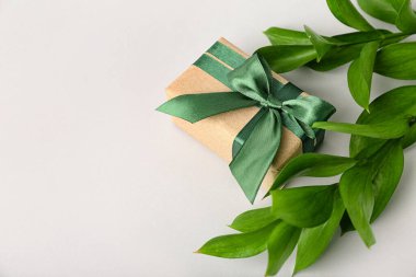 Beyaz arka planda bitki dalları olan güzel bir hediye kutusu