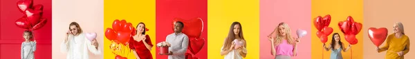Set Persone Diverse Con Palloncini Forma Cuore Sfondo Colori Festa — Foto Stock
