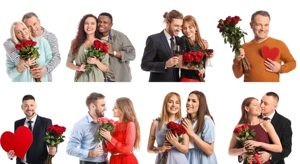 Boldog Emberek Fehér Hátterű Virágokkal Valentin Napi Ünneplés — Stock Fotó