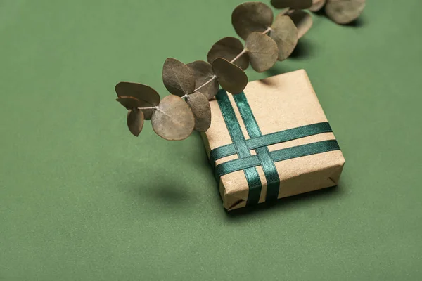 Gift box with eucalyptus branch on green background