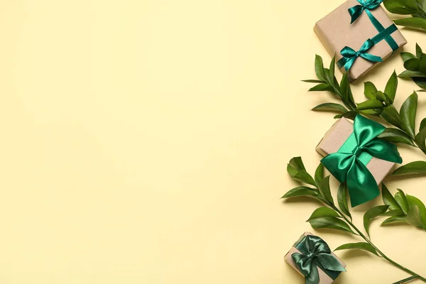 Composition with gift boxes and plant branches on color background