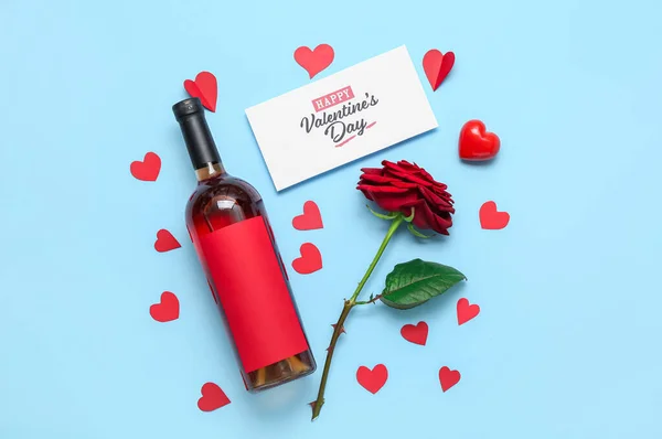 Card Text Happy Valentine Day Bottle Wine Hearts Rose Blue — Stock Photo, Image